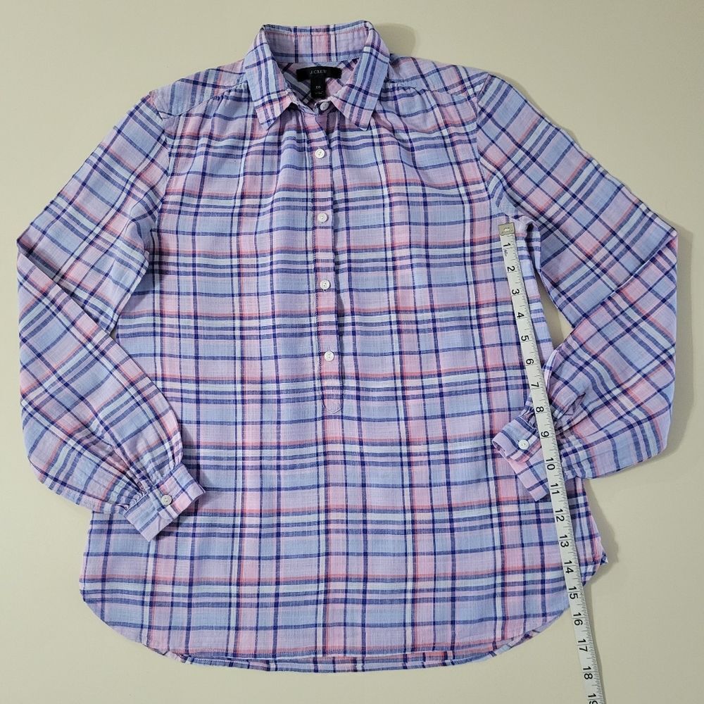 J. Crew Women's Gathered Henley Lilac Plaid Shirt - Picture 7 of 15